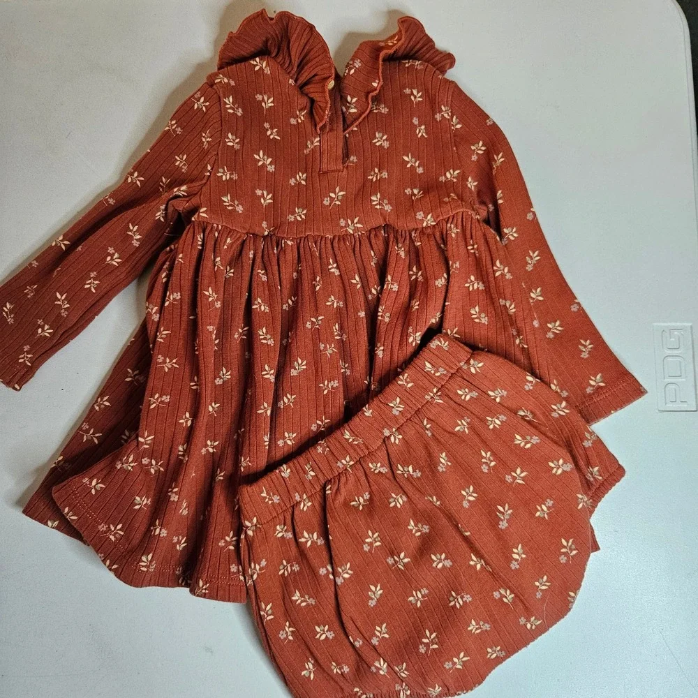 Rylee + Cru Baby Girl 6-12M Bundle Fox Print Set & Ribbed Floral Dress Bloomer